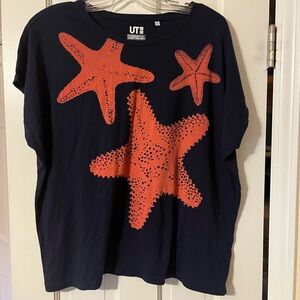 Uniqlo Short Sleeve Tee Blue and Orange Starfish Design